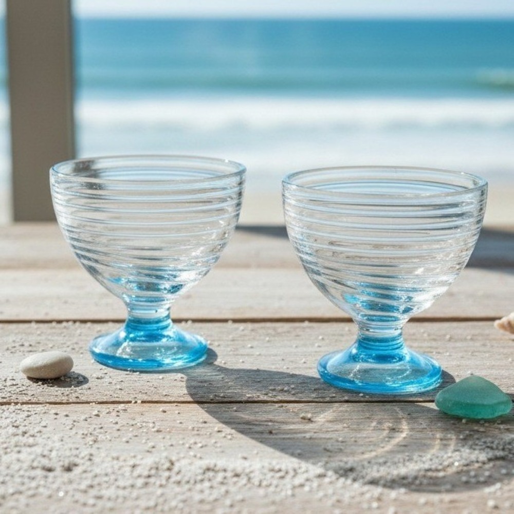 Blue Footed Dessert Bowls, Set of 2, Ribbed Glass Compotes, Vintage Style Coupes